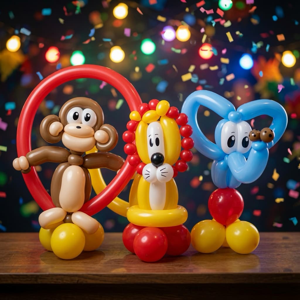 Balloon sculptures by Sarah Langley — monkey, lion, and elephant